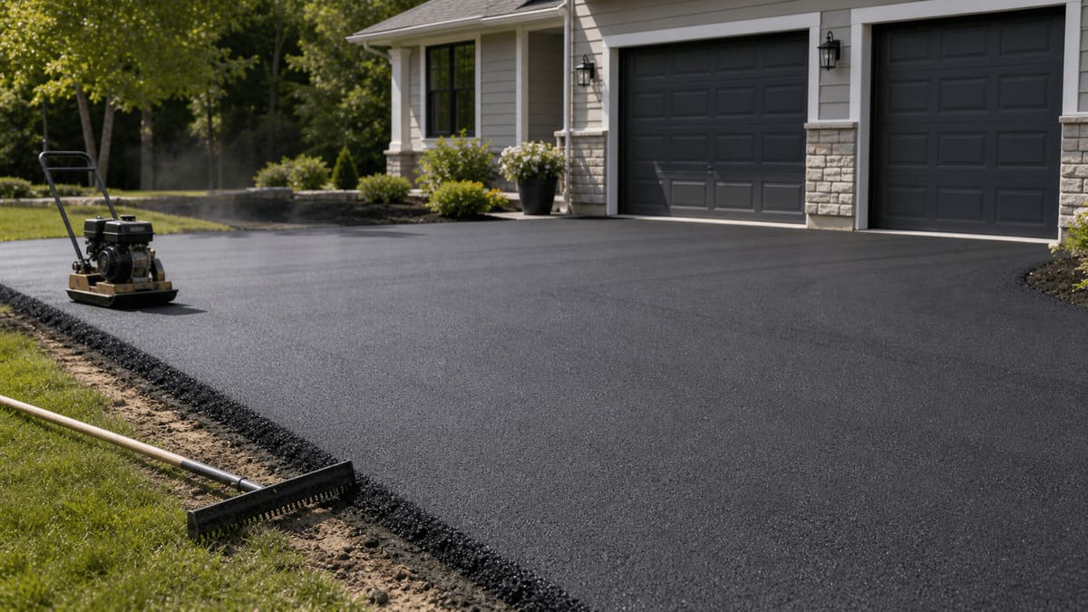 Freshly paved black asphalt driveway with a vibratory plate compactor and edging in front of a two-car garage