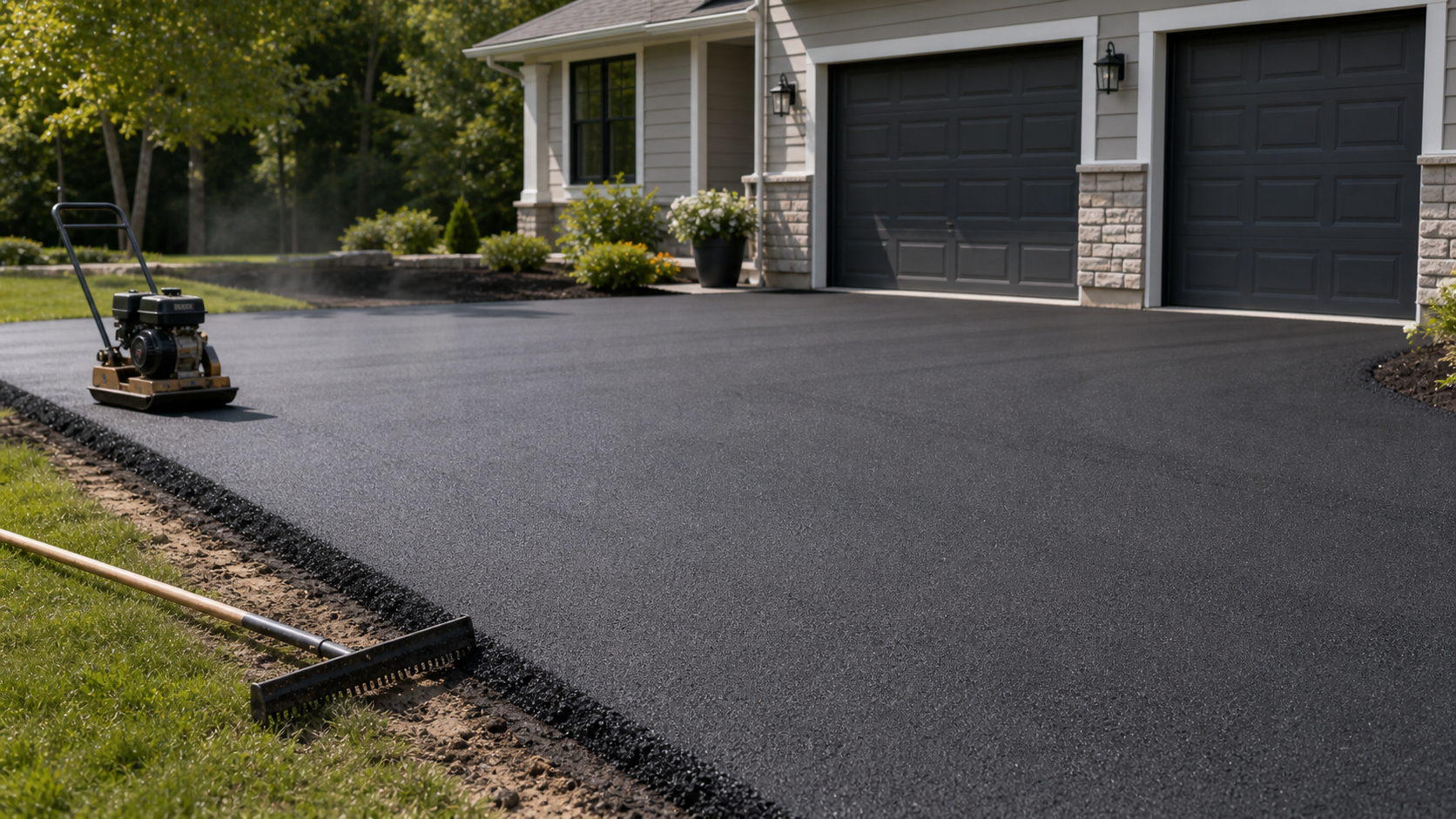 Freshly paved black asphalt driveway with a vibratory plate compactor and edging in front of a two-car garage