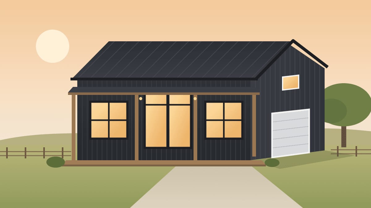 Illustration of a black steel barndominium with a covered front porch, large windows and an overhead shop door on a rural lot