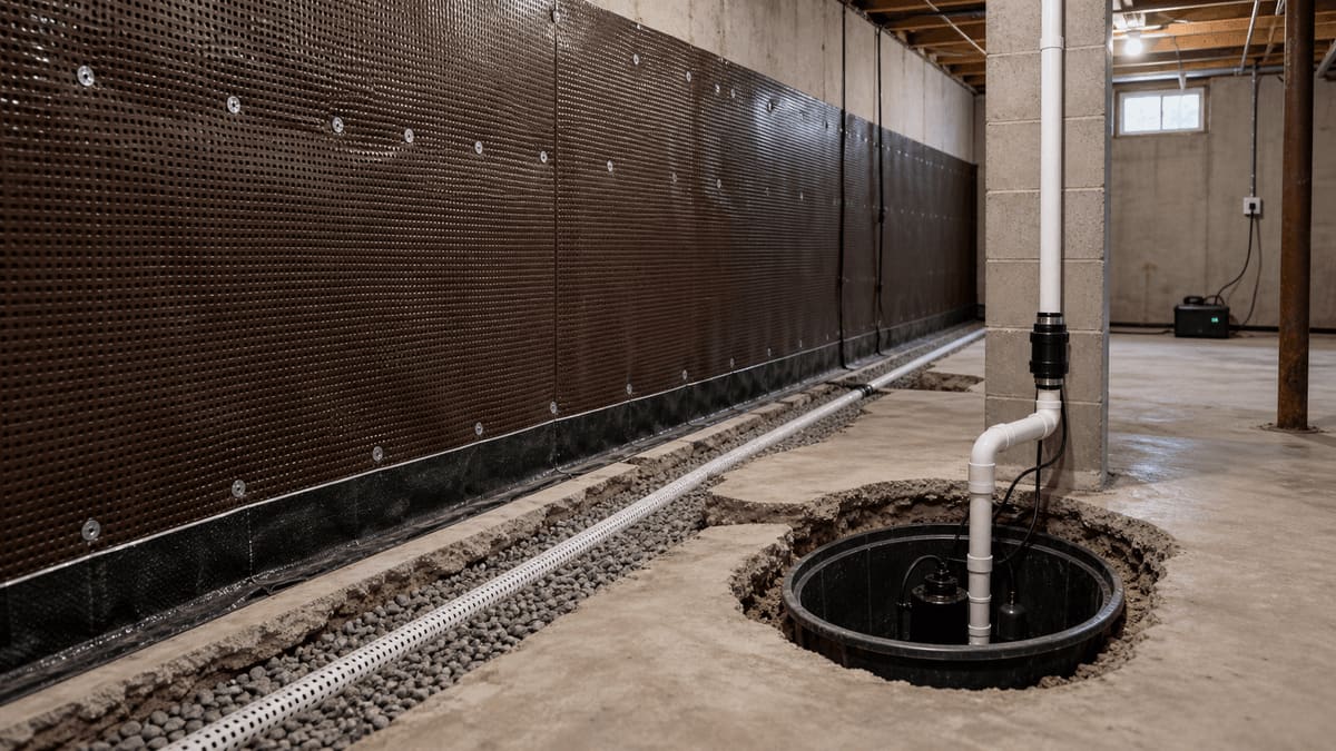 Basement perimeter with interior drain tile installed, a fresh concrete cap, and a sump-pump basin in the corner during a waterproofing job
