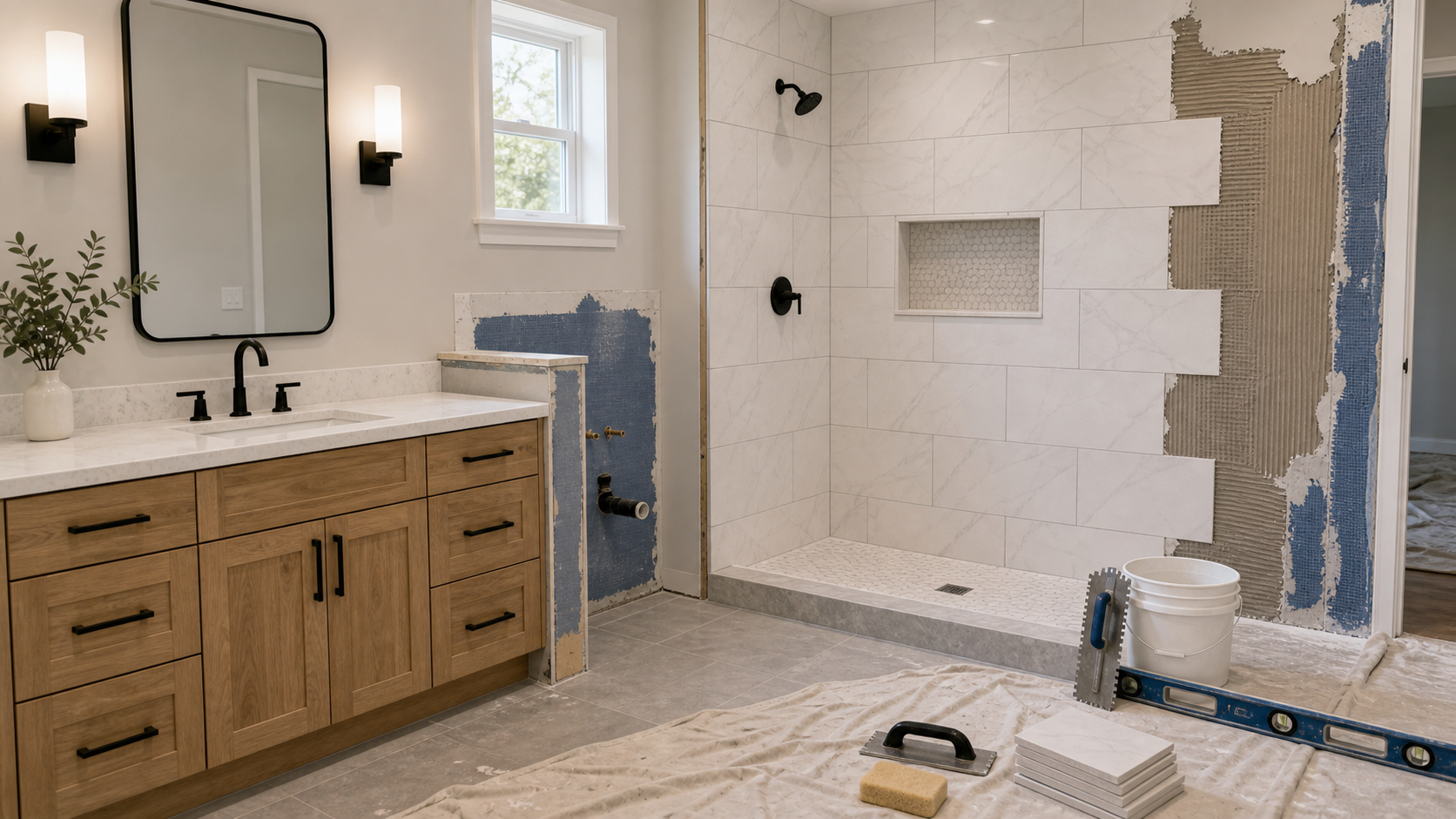 Modern bathroom mid-remodel with a freestanding soaker tub, tiled walk-in shower, double-vanity, and fresh hexagon tile flooring