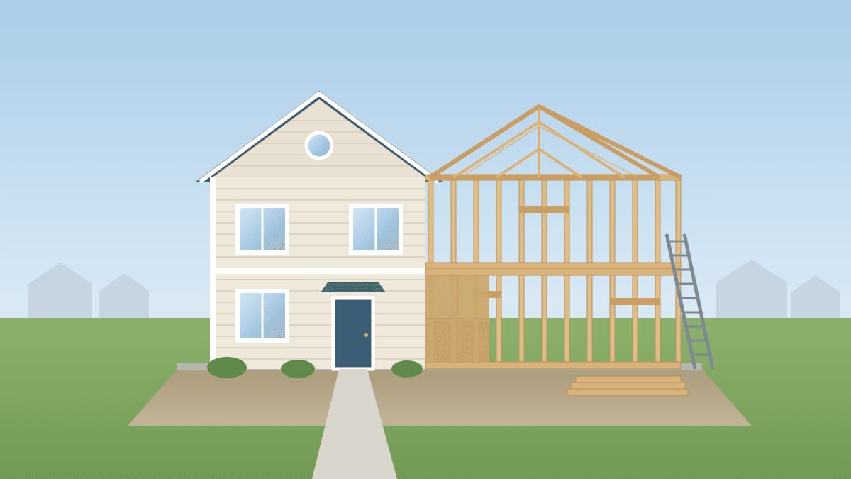 Illustration of a two-story house under construction, half finished with siding and windows and half still open wood framing and roof trusses
