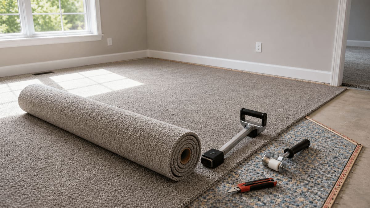 Residential bedroom with newly installed plush carpet, fresh pad visible at the edge, and tack strip nailed along the baseline