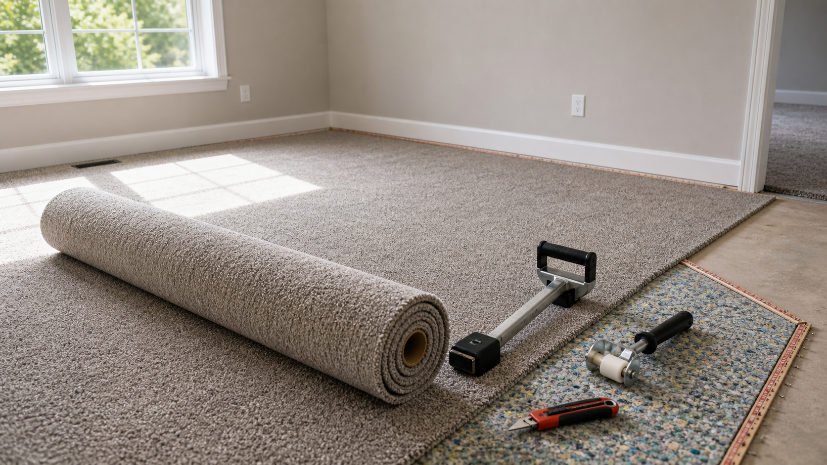 Residential bedroom with newly installed plush carpet, fresh pad visible at the edge, and tack strip nailed along the baseline