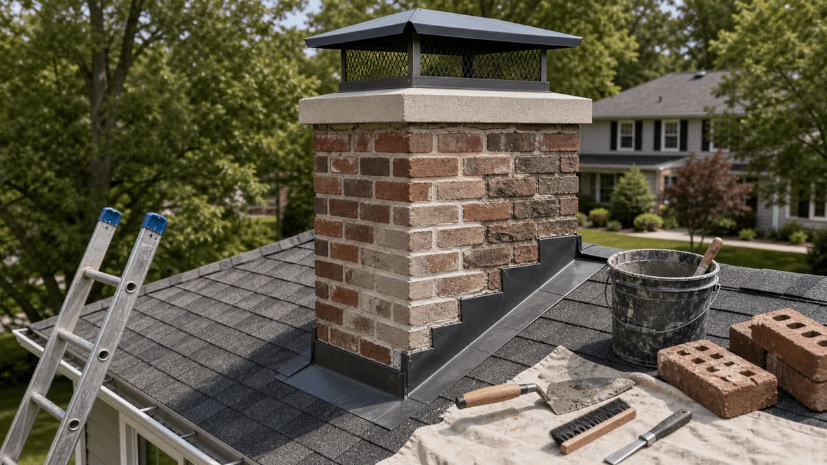 Residential brick chimney with a new stainless-steel cap, repointed crown, and freshly installed flashing skirt at the roof line