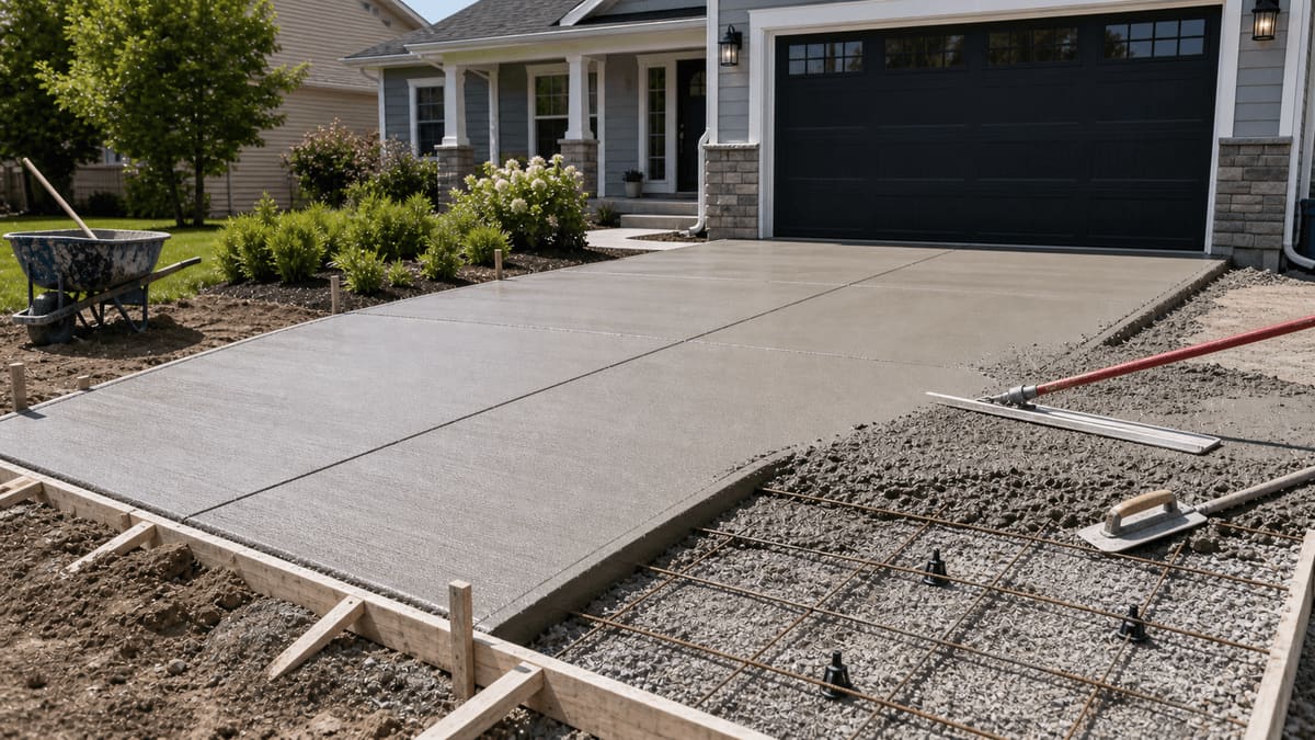 Freshly poured concrete driveway with a broom finish, forms still in place, and a steel screed and edging trowel staged at the side