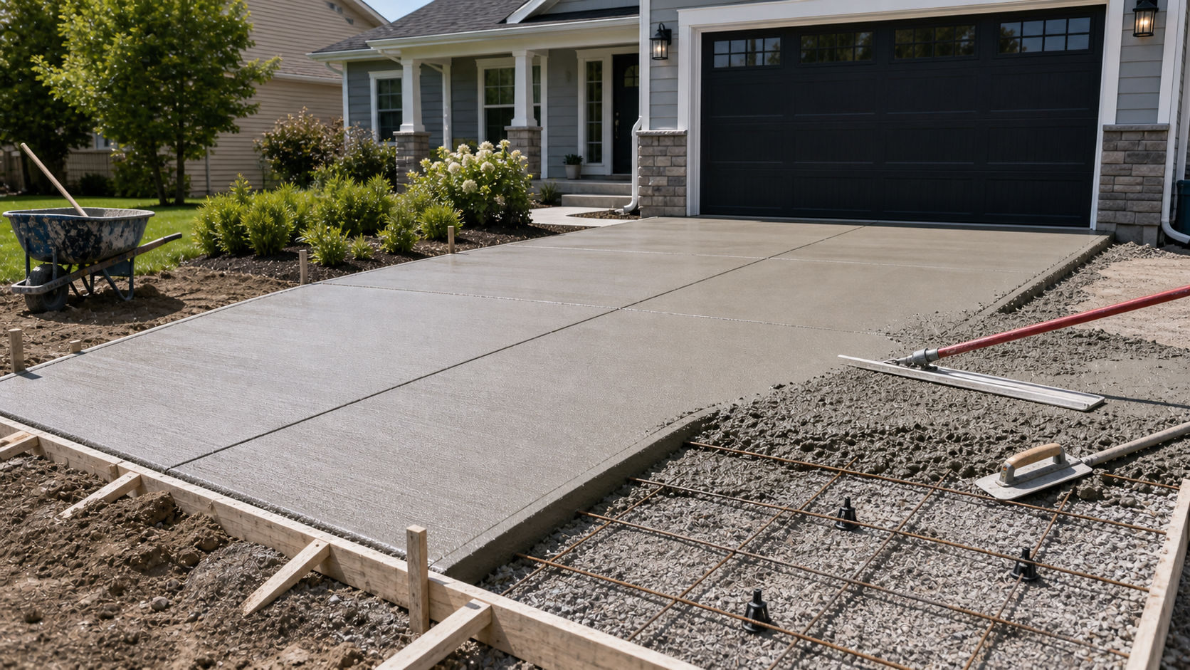 Freshly poured concrete driveway with a broom finish, forms still in place, and a steel screed and edging trowel staged at the side