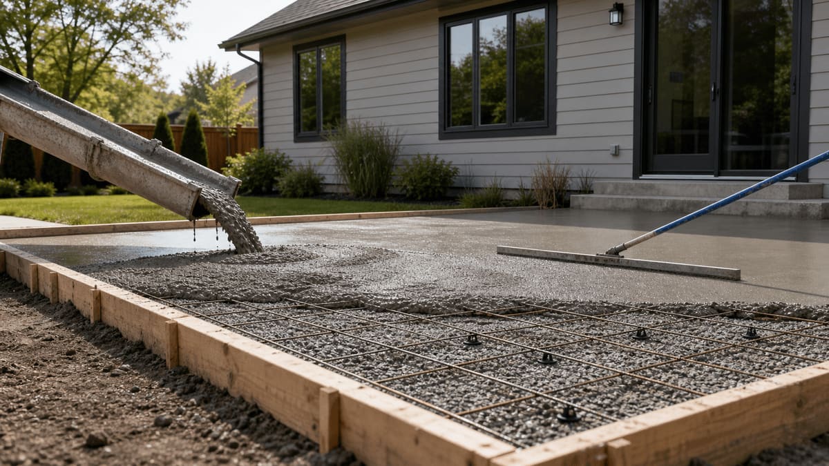 Ready-mix concrete being poured from a chute into a formed slab with rebar grid and a screed bar in the foreground