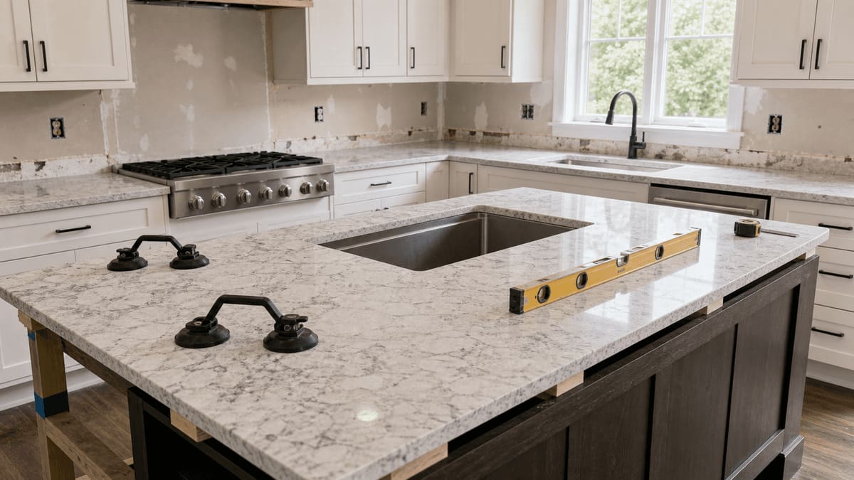 Kitchen with a newly installed quartz countertop on white shaker cabinets, an undermount sink cutout, and an island in the foreground