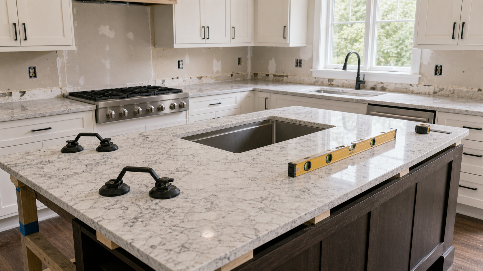 Kitchen with a newly installed quartz countertop on white shaker cabinets, an undermount sink cutout, and an island in the foreground