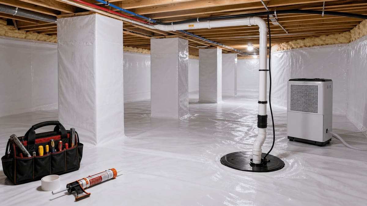 Residential crawl space encapsulation with a white vapor barrier sealed to the ground and foundation walls, a dehumidifier in the corner, and rigid-foam insulation along the perimeter