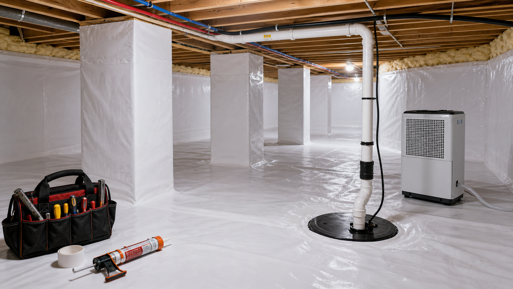 Residential crawl space encapsulation with a white vapor barrier sealed to the ground and foundation walls, a dehumidifier in the corner, and rigid-foam insulation along the perimeter