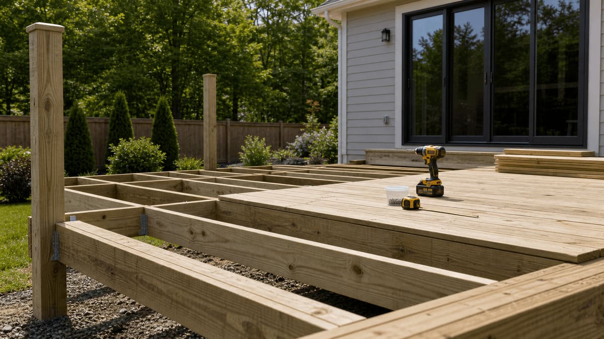 Pressure-treated lumber deck framing with joists set on metal hangers and a drill driver in mid-build behind a modern home