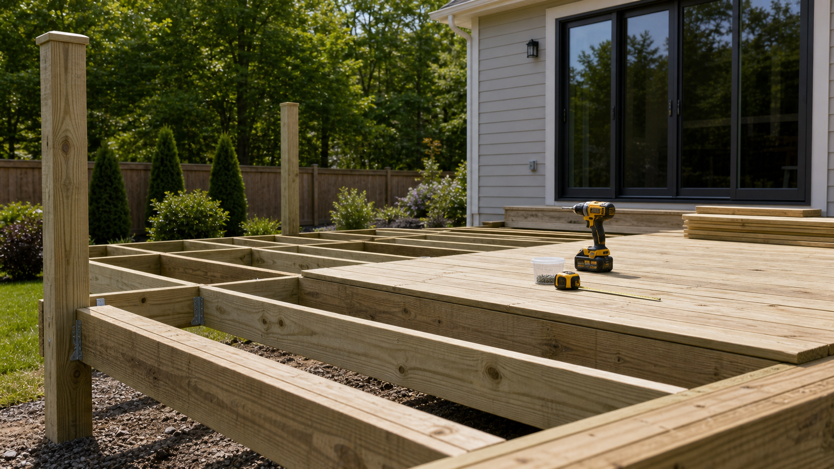 Pressure-treated lumber deck framing with joists set on metal hangers and a drill driver in mid-build behind a modern home