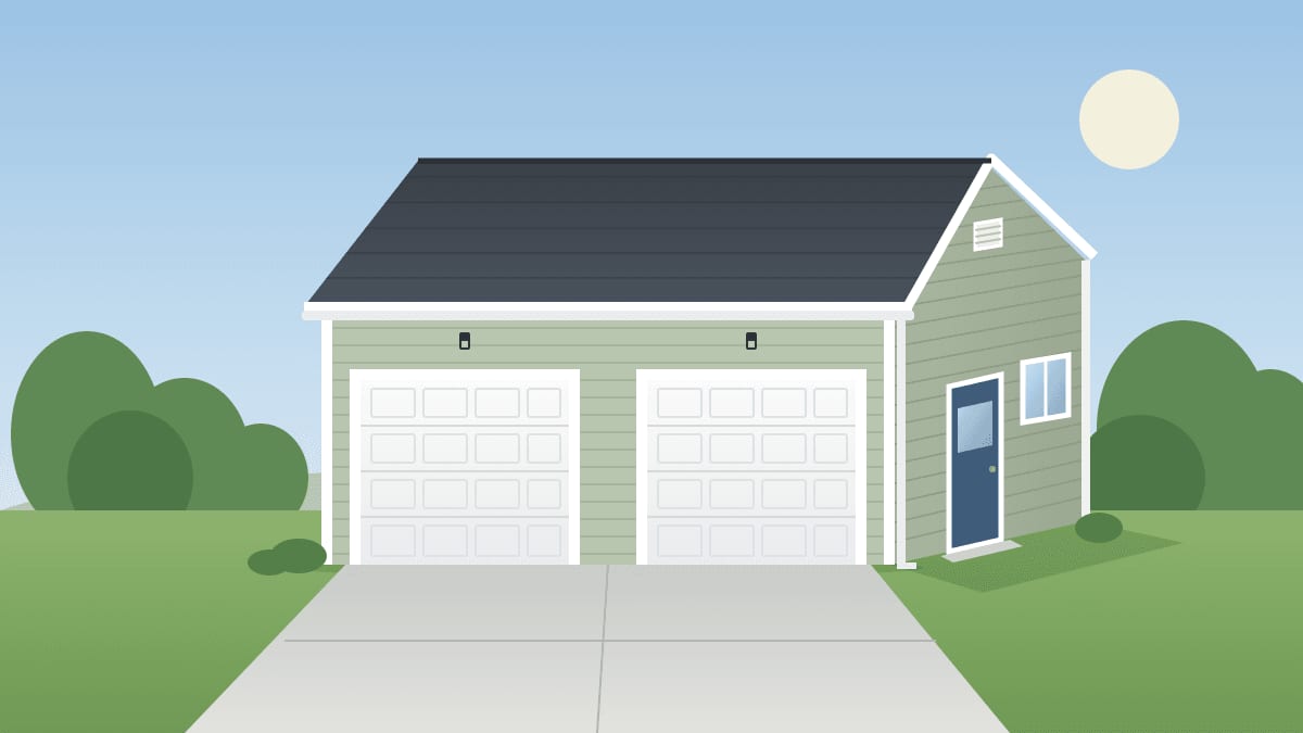 Illustration of a two-car detached garage with two overhead doors, a side entry door, a window, lap siding and an asphalt shingle roof
