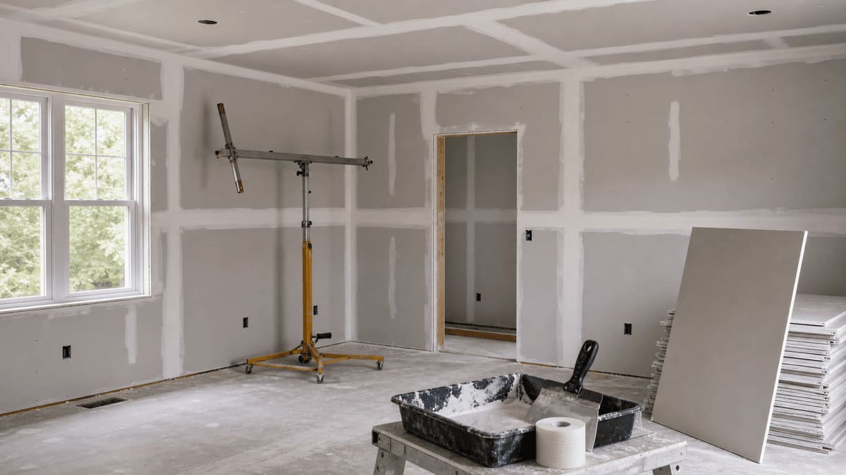Interior room with taped and mudded drywall seams, a drywall lift, joint compound pan, and a stack of sheetrock ready for finishing