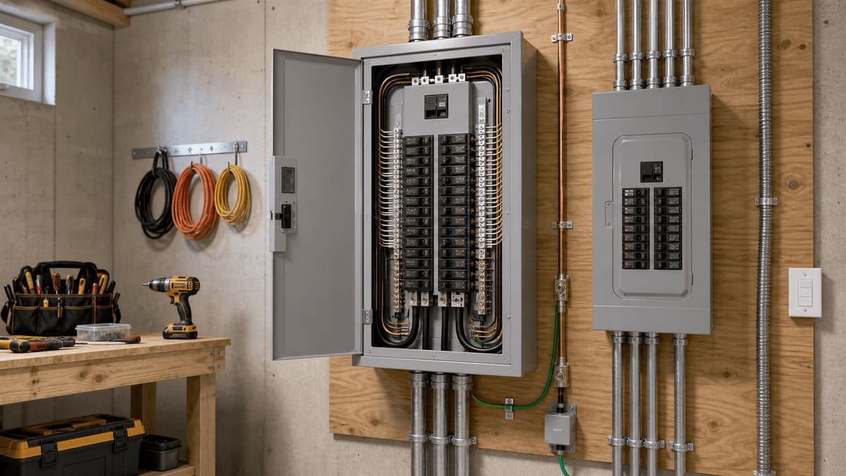Newly installed 200-amp residential electrical service panel with neatly bundled circuits, labeled breakers, and the dead-front cover removed