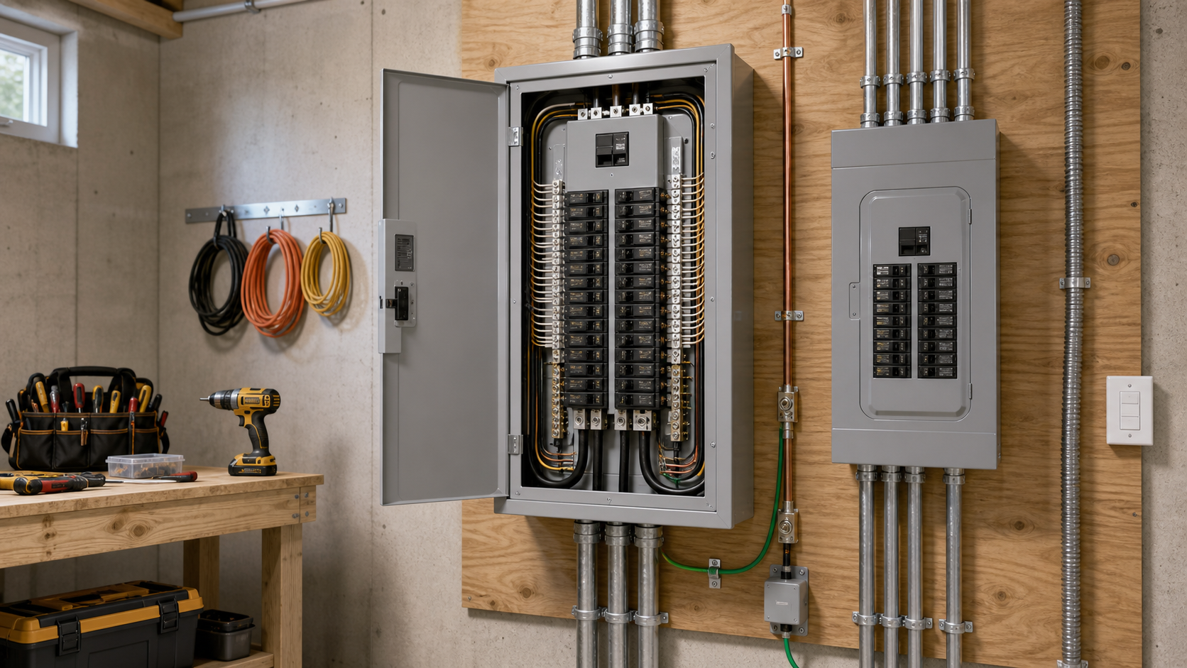 Newly installed 200-amp residential electrical service panel with neatly bundled circuits, labeled breakers, and the dead-front cover removed