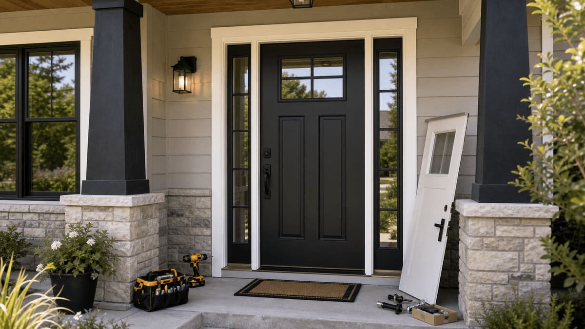New fiberglass entry door with sidelights installed in a bungalow-style home, fresh flashing and weatherstripping at the threshold