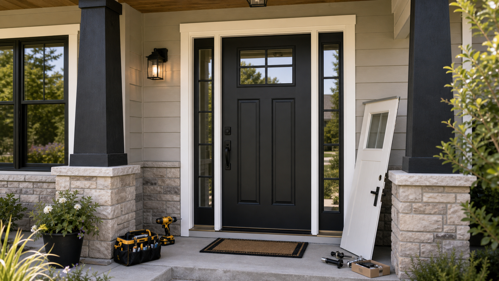 New fiberglass entry door with sidelights installed in a craftsman-style home, fresh flashing and weatherstripping at the threshold