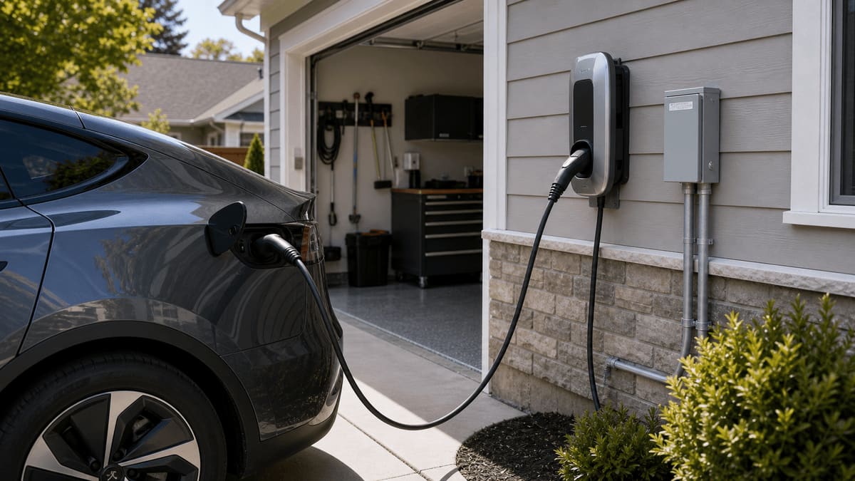 Wall-mounted Level-2 EV charger in a residential garage with a 240-volt NEMA outlet, conduit run to the service panel, and the connector hung on its holster