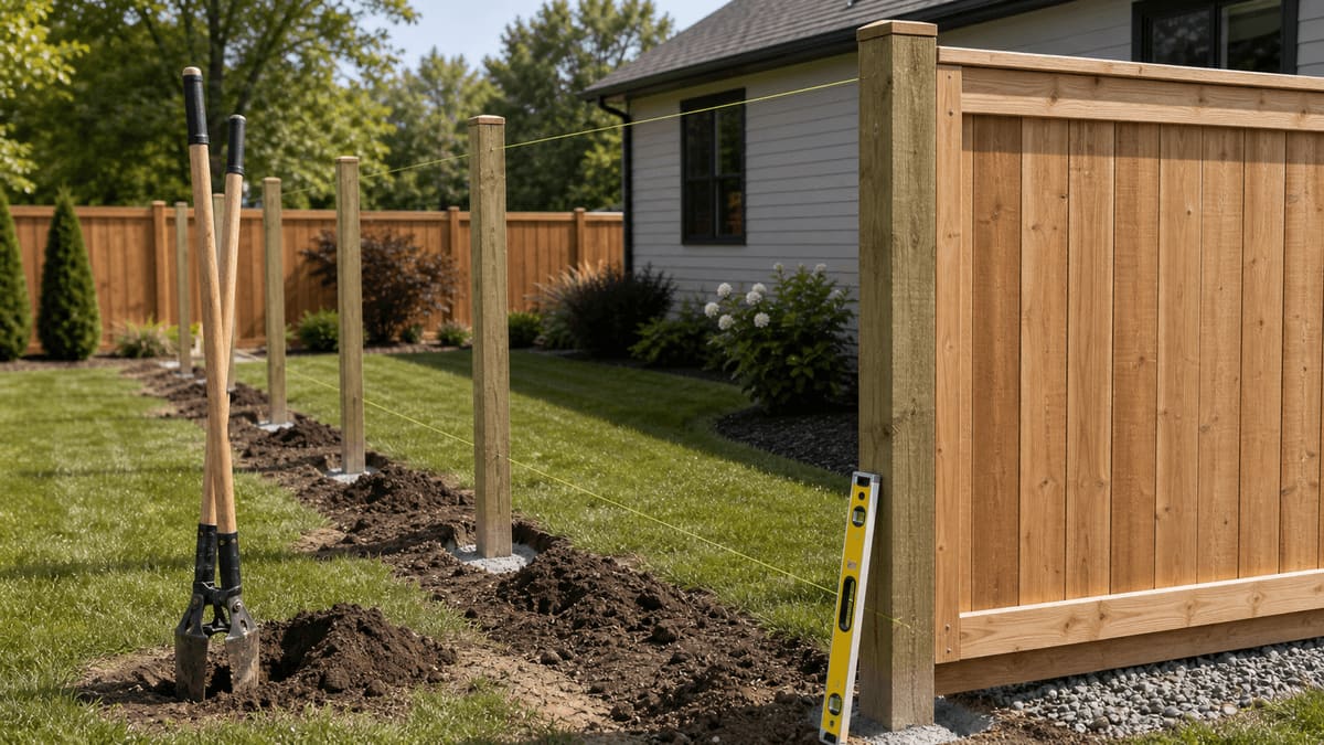 Cedar privacy fence with stained vertical pickets and freshly set wood posts in dug holes along a string line