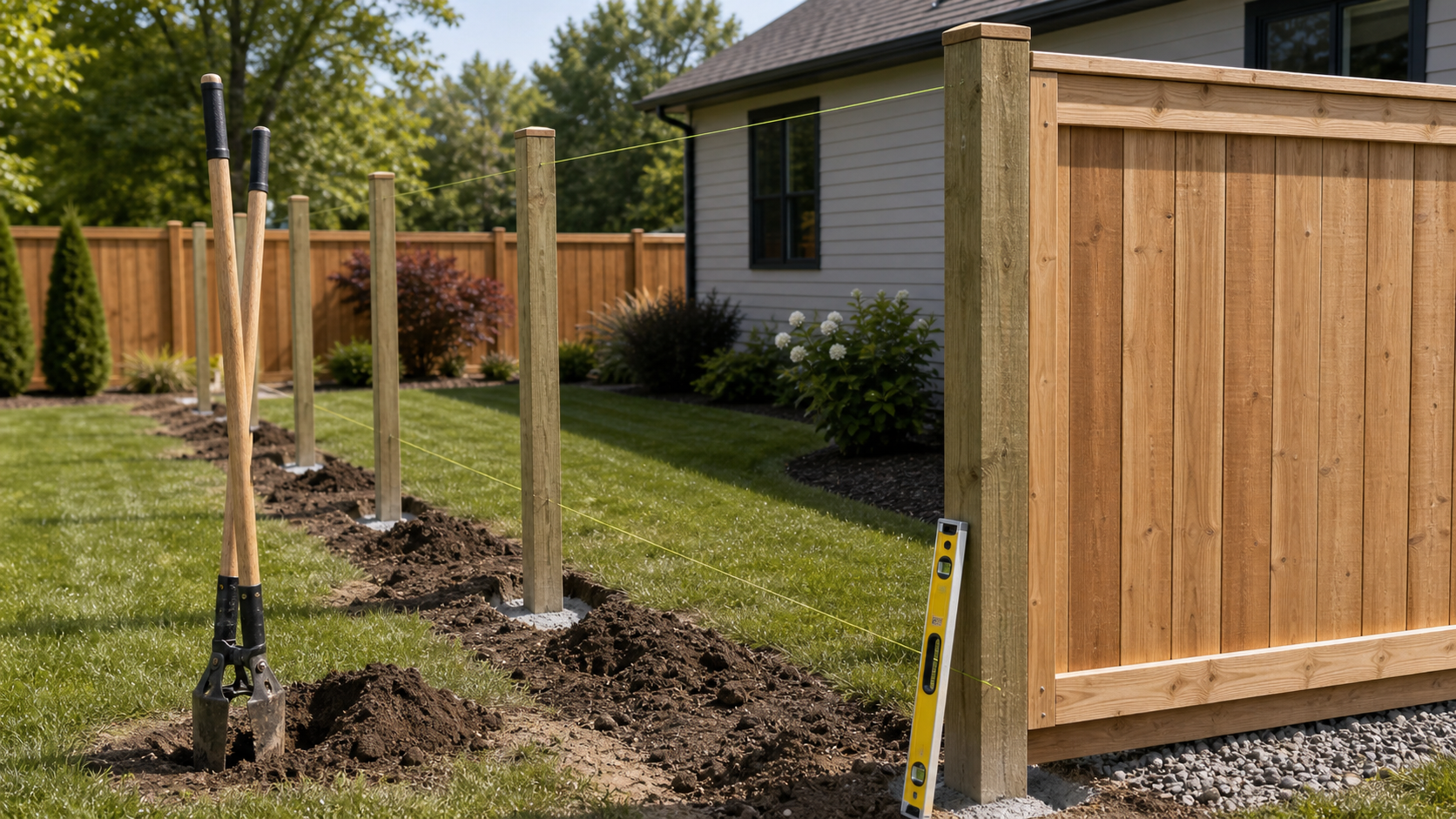 Cedar privacy fence with stained vertical pickets and freshly set wood posts in dug holes along a string line