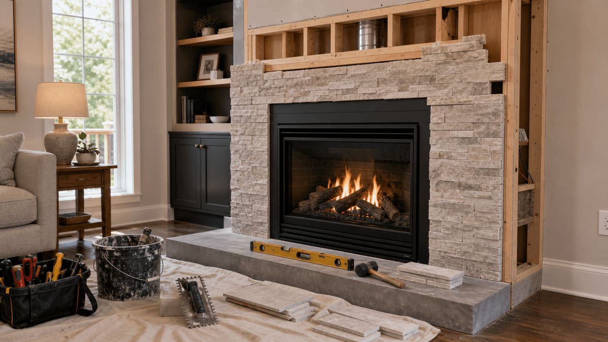 Modern living-room linear gas fireplace with a stone-veneer surround, decorative log set, and a reclaimed-wood mantel