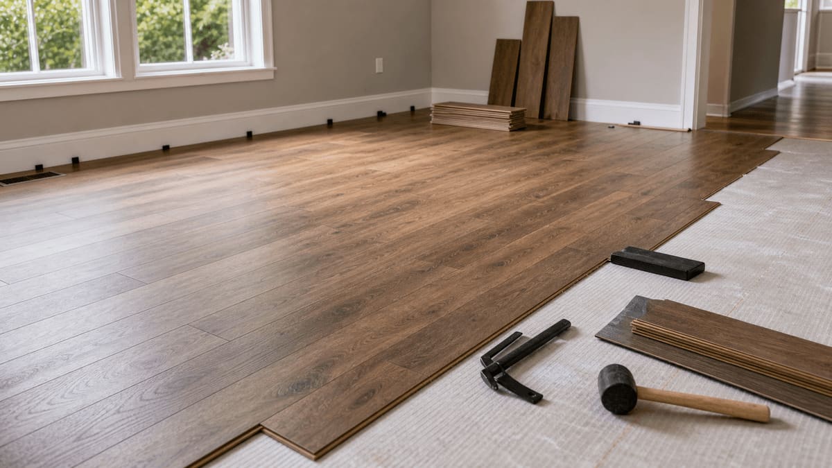 Wood-look luxury vinyl plank floor mid-installation across a living room with extra planks, a tapping block, and a rubber mallet staged for the next row