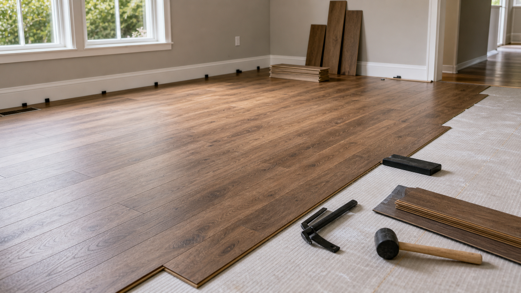 Wood-look luxury vinyl plank floor mid-installation across a living room with extra planks, a tapping block, and a rubber mallet staged for the next row
