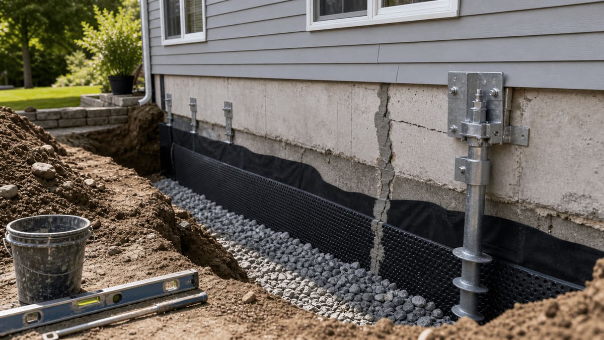 Residential foundation undergoing pier installation, with a steel push-pier staged beside an exposed footing and a hydraulic ram in the trench