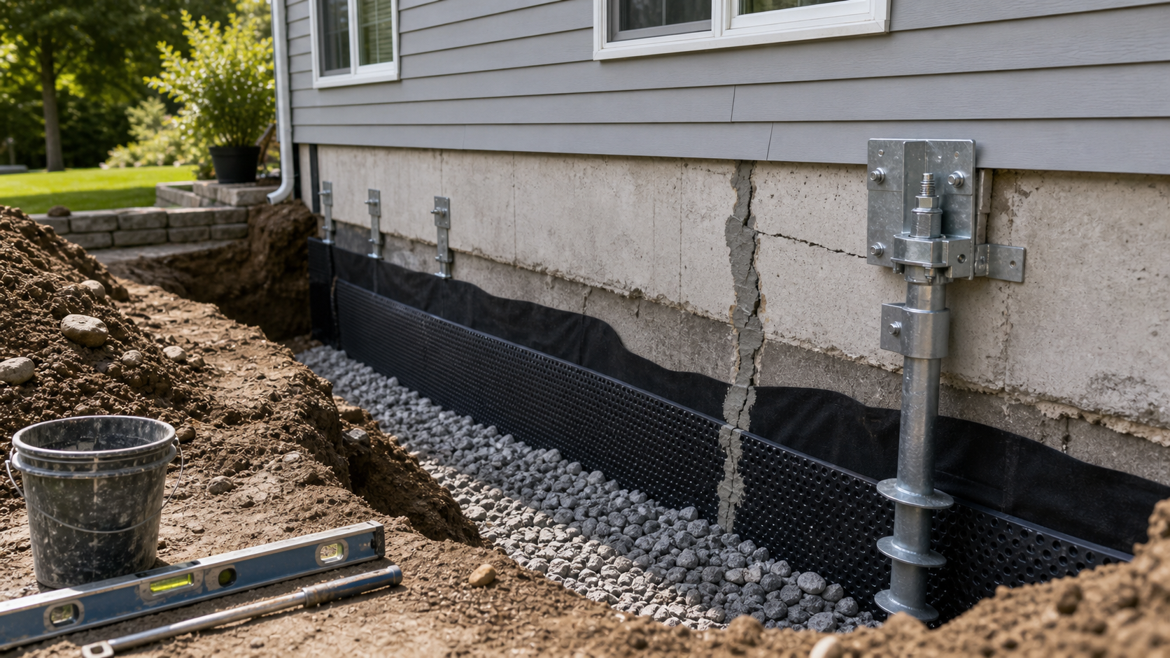 Residential foundation undergoing pier installation, with a steel push-pier staged beside an exposed footing and a hydraulic ram in the trench