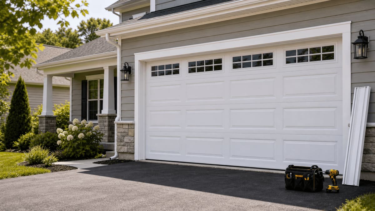 New white sectional residential garage door with carriage-house panels and a row of transom windows installed on a suburban home