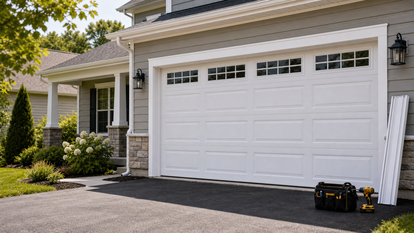New white sectional residential garage door with carriage-house panels and a row of transom windows installed on a suburban home