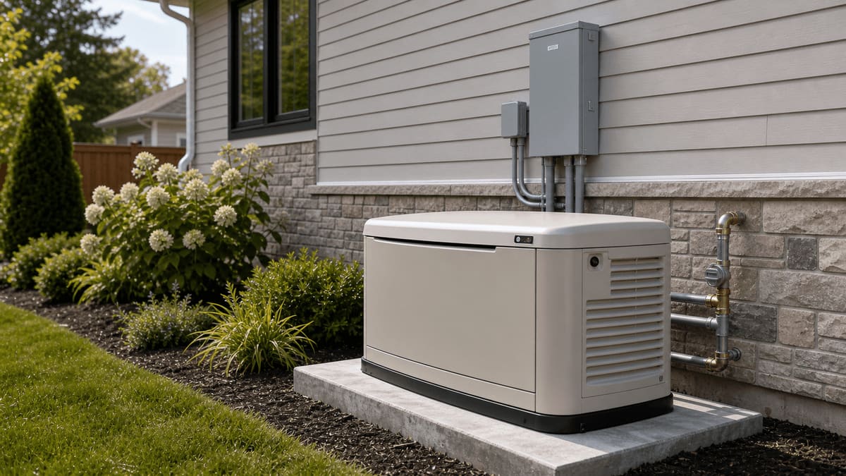 Residential standby generator on a concrete pad beside a home, with the automatic-transfer-switch enclosure and a propane supply line in the foreground