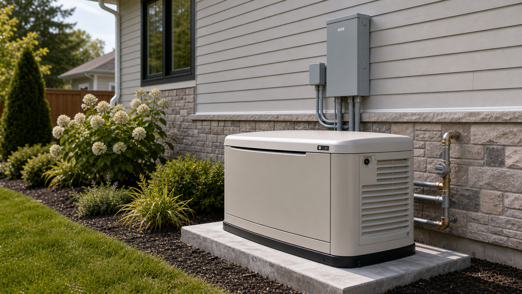 Residential standby generator on a concrete pad beside a home, with the automatic-transfer-switch enclosure and a propane supply line in the foreground