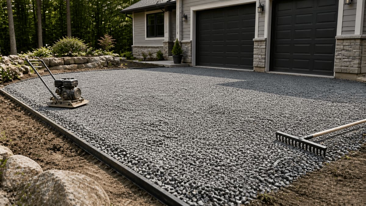 Freshly laid crushed-stone driveway with steel edging, a plate compactor, and a landscape rake in front of a two-car garage