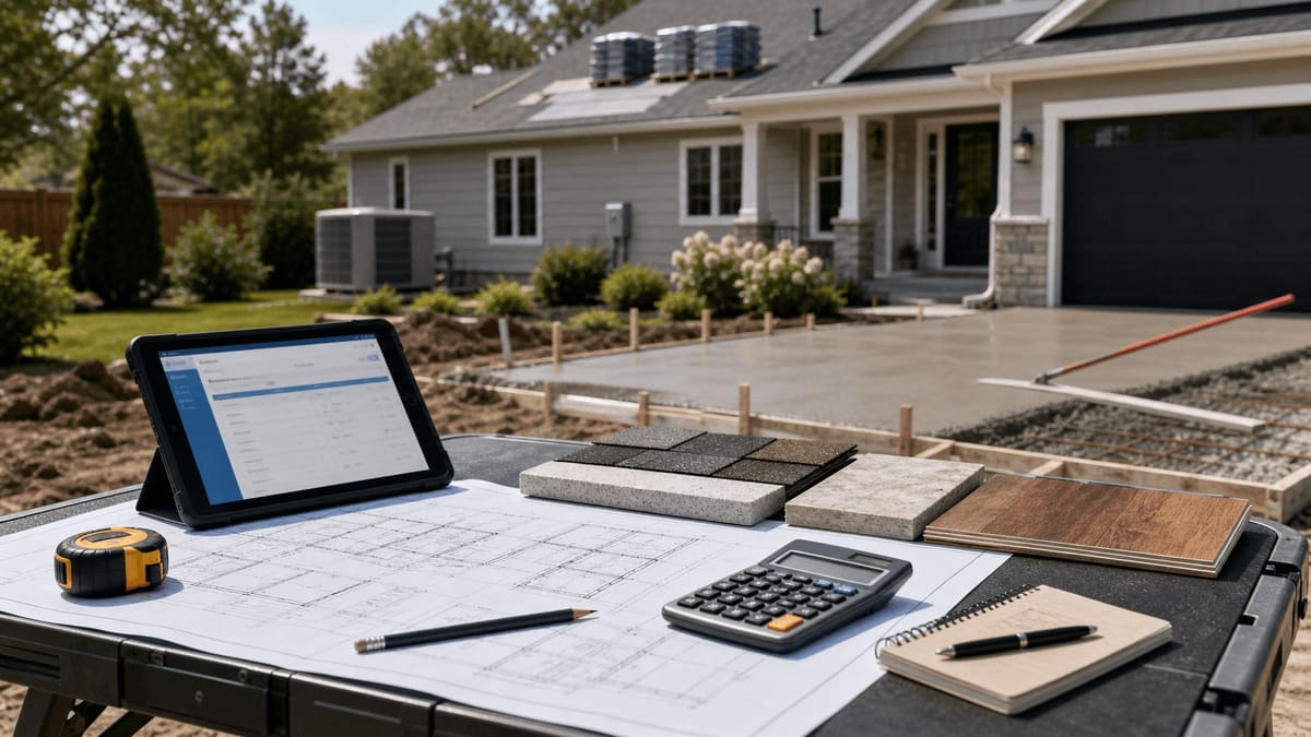 Outdoor contractor workbench at a residential job site with a tablet running a cost calculator, blueprint with hand-marked costs, calculator, tape measure, and material samples of stone, tile, and wood in front of a home with a fresh concrete slab and HVAC units