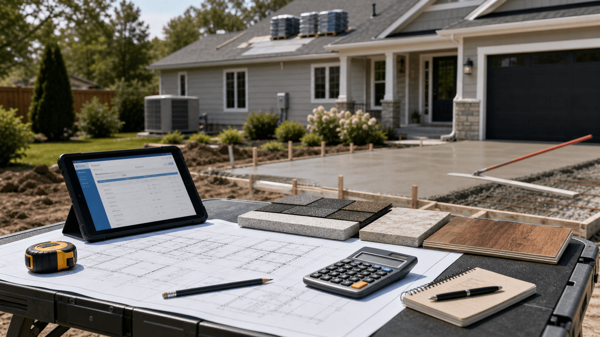 Outdoor contractor workbench at a residential job site with a tablet running a cost calculator, blueprint with hand-marked costs, calculator, tape measure, and material samples of stone, tile, and wood in front of a home with a fresh concrete slab and HVAC units