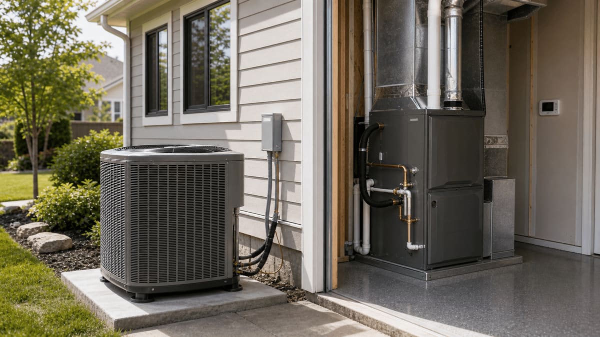 Outdoor AC condenser beside a home with a high-efficiency gas furnace and copper line-set visible through an open utility room door