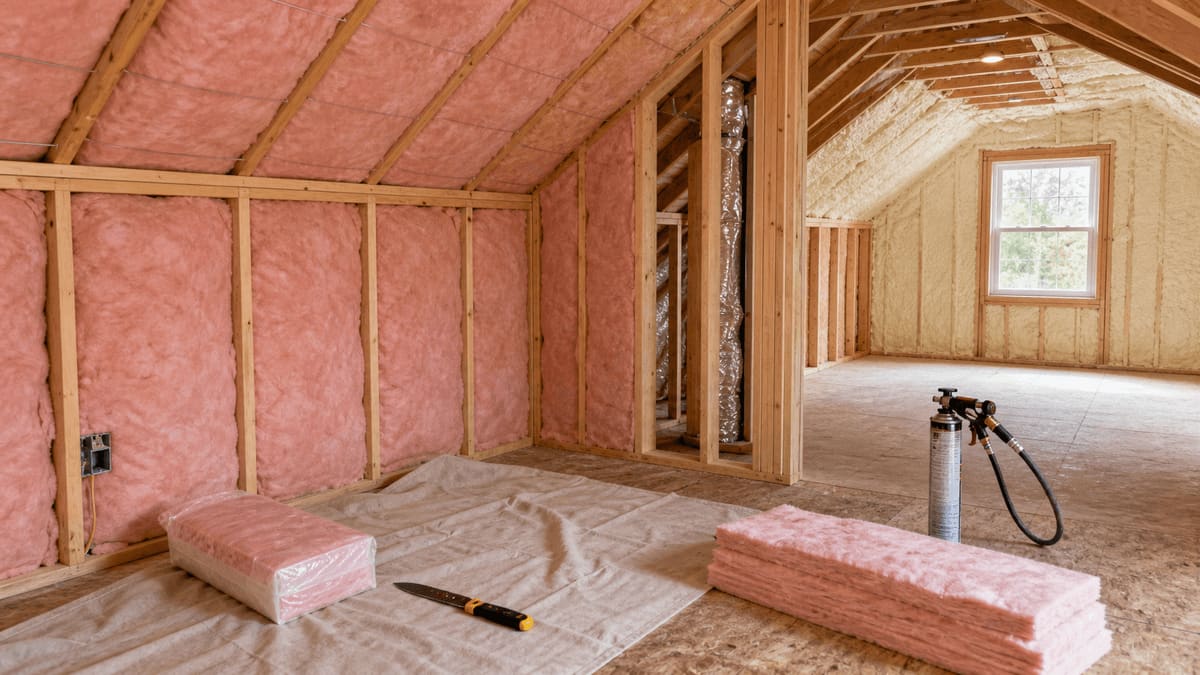 Attic mid-insulation with pink fiberglass batts installed between rafters, a vapor-barrier floor, and a two-tank spray-foam rig staged in the foreground