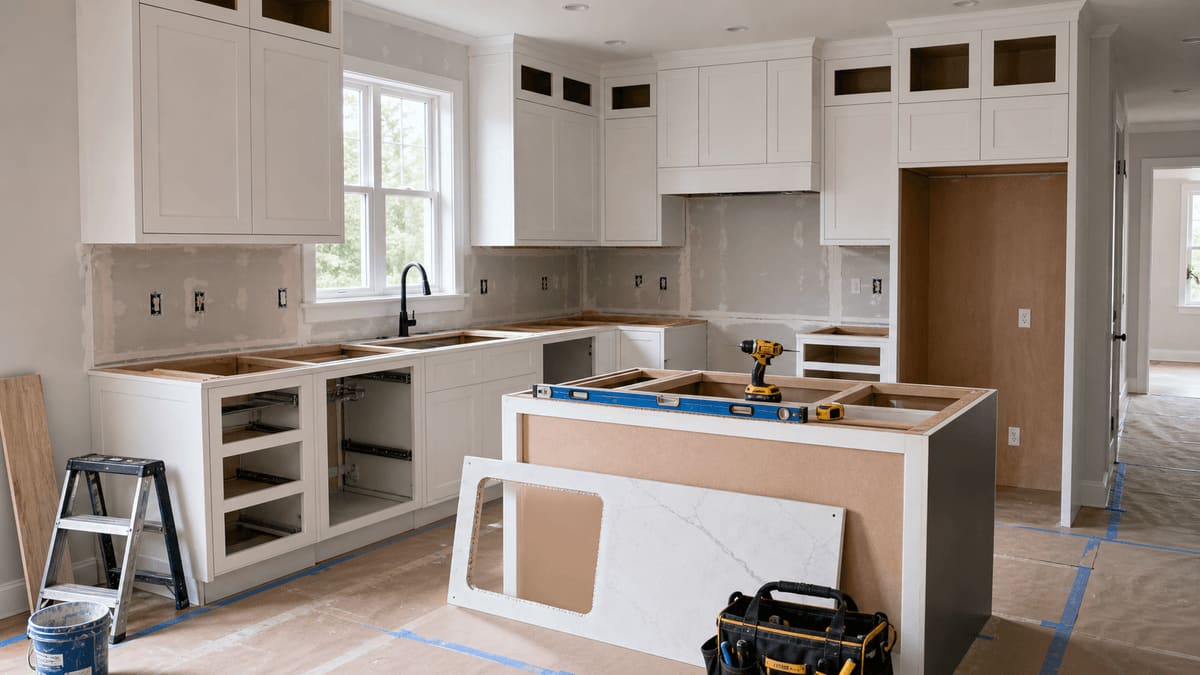 Modern kitchen mid-remodel with white shaker cabinets, quartz countertops, stainless appliances, and an island being installed