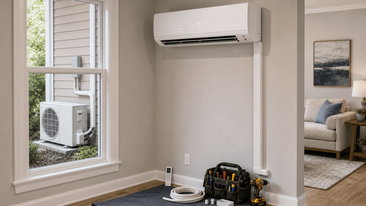 Ductless mini-split indoor air handler mounted on an interior wall with a refrigerant line-set running through the wall to the outdoor condenser