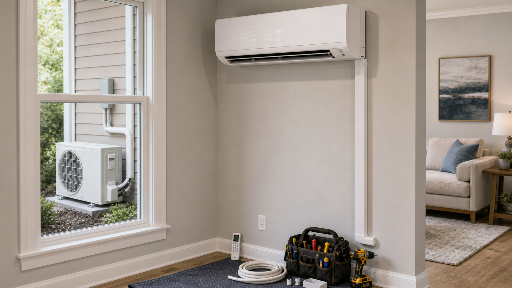 Ductless mini-split indoor air handler mounted on an interior wall with a refrigerant line-set running through the wall to the outdoor condenser