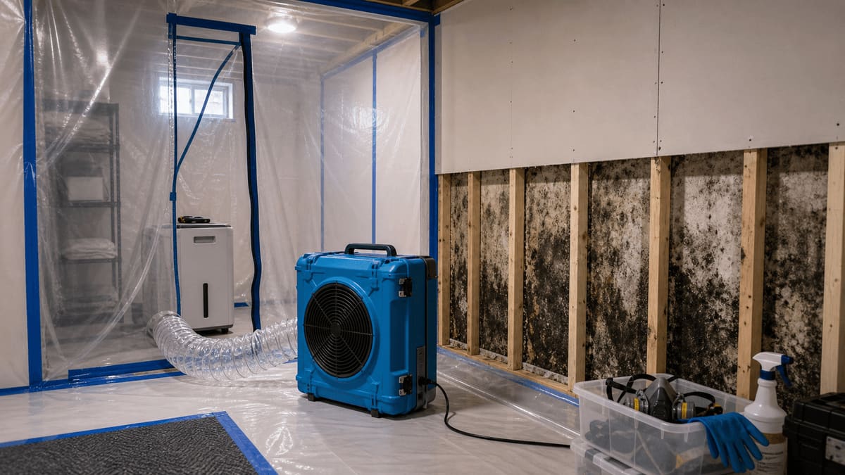 Containment plastic-sheeting walls in a residential interior with a HEPA air scrubber and a worker in full PPE removing affected drywall during mold remediation