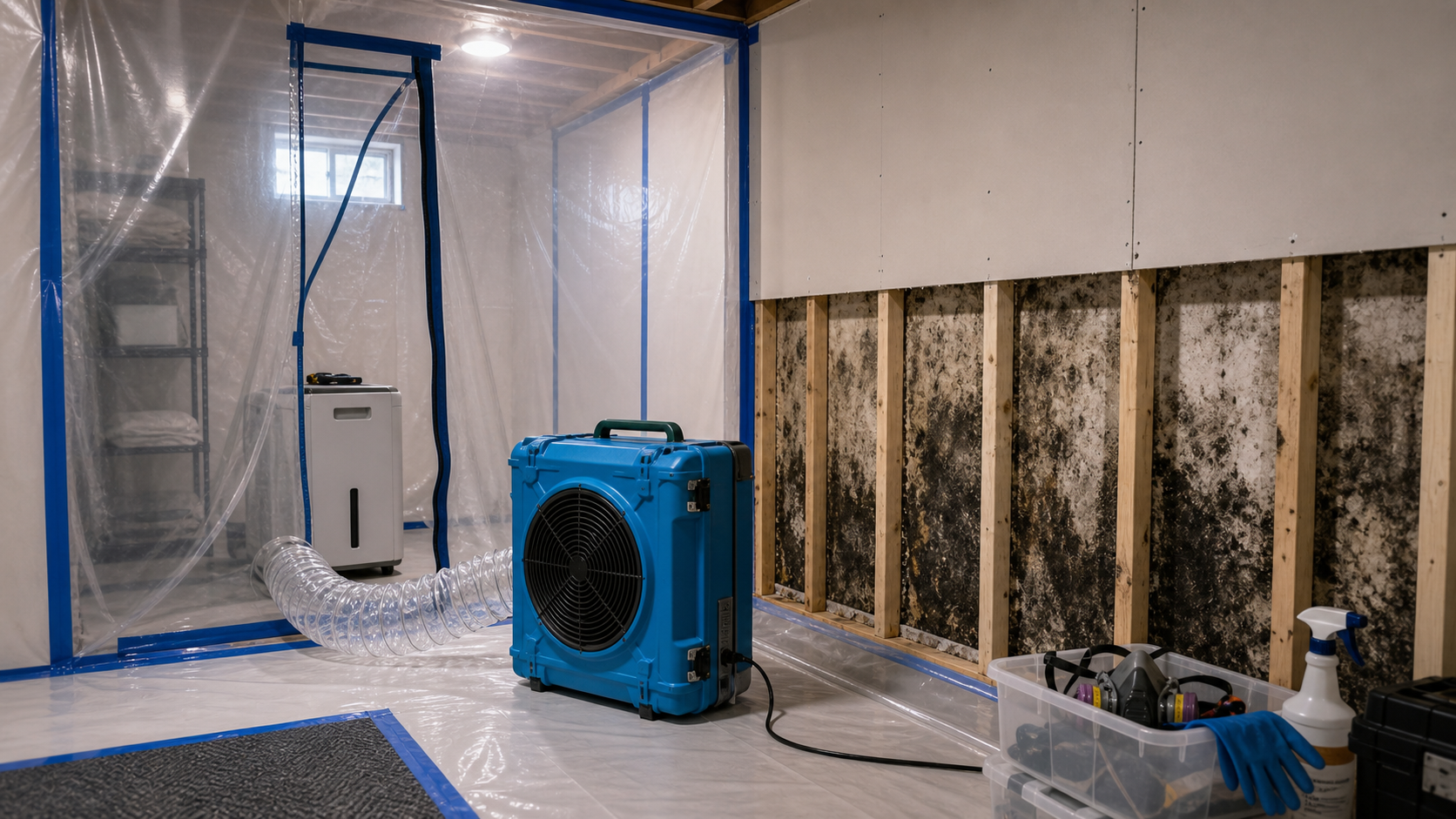 Containment plastic-sheeting walls in a residential interior with a HEPA air scrubber and a worker in full PPE removing affected drywall during mold remediation