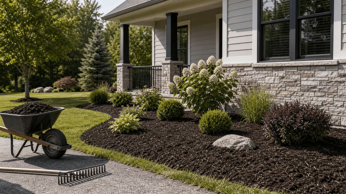 Dark hardwood mulch spread in a foundation planting bed beside a wheelbarrow and a steel landscape rake