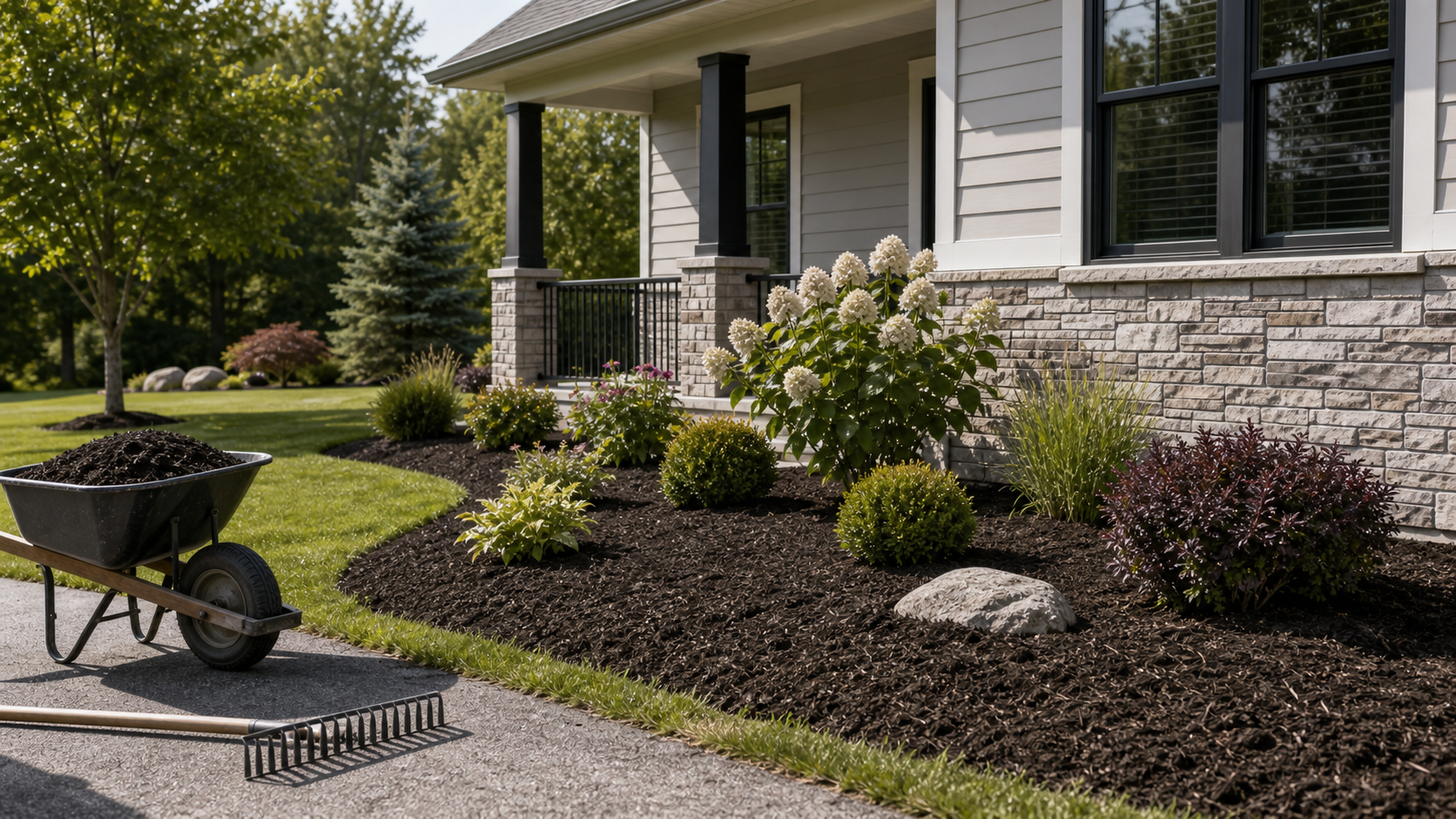 Dark hardwood mulch spread in a foundation planting bed beside a wheelbarrow and a steel landscape rake