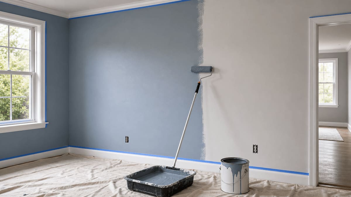 Interior room with blue painter's tape masking trim, a roller mid-coat on a blue accent wall, and a paint tray and gallon can on a drop cloth