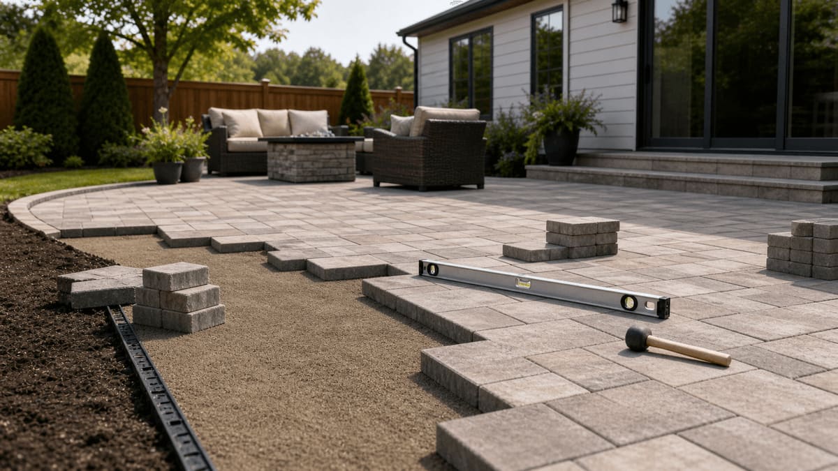 Stone paver patio being laid on a leveled stone-dust base with a screed level and rubber mallet beside a finished outdoor lounge area